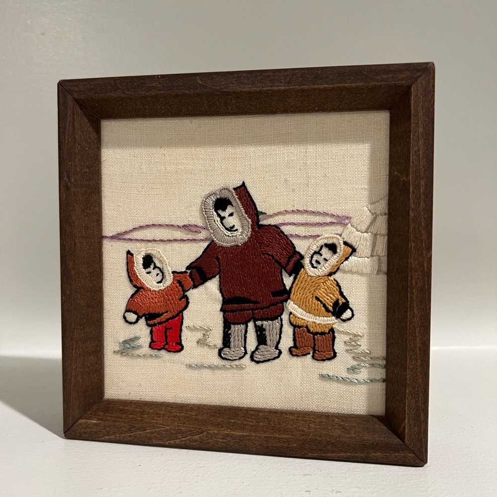 Vintage Yarn Needlework Igloo & Eskimos Family Framed Indigenous People …